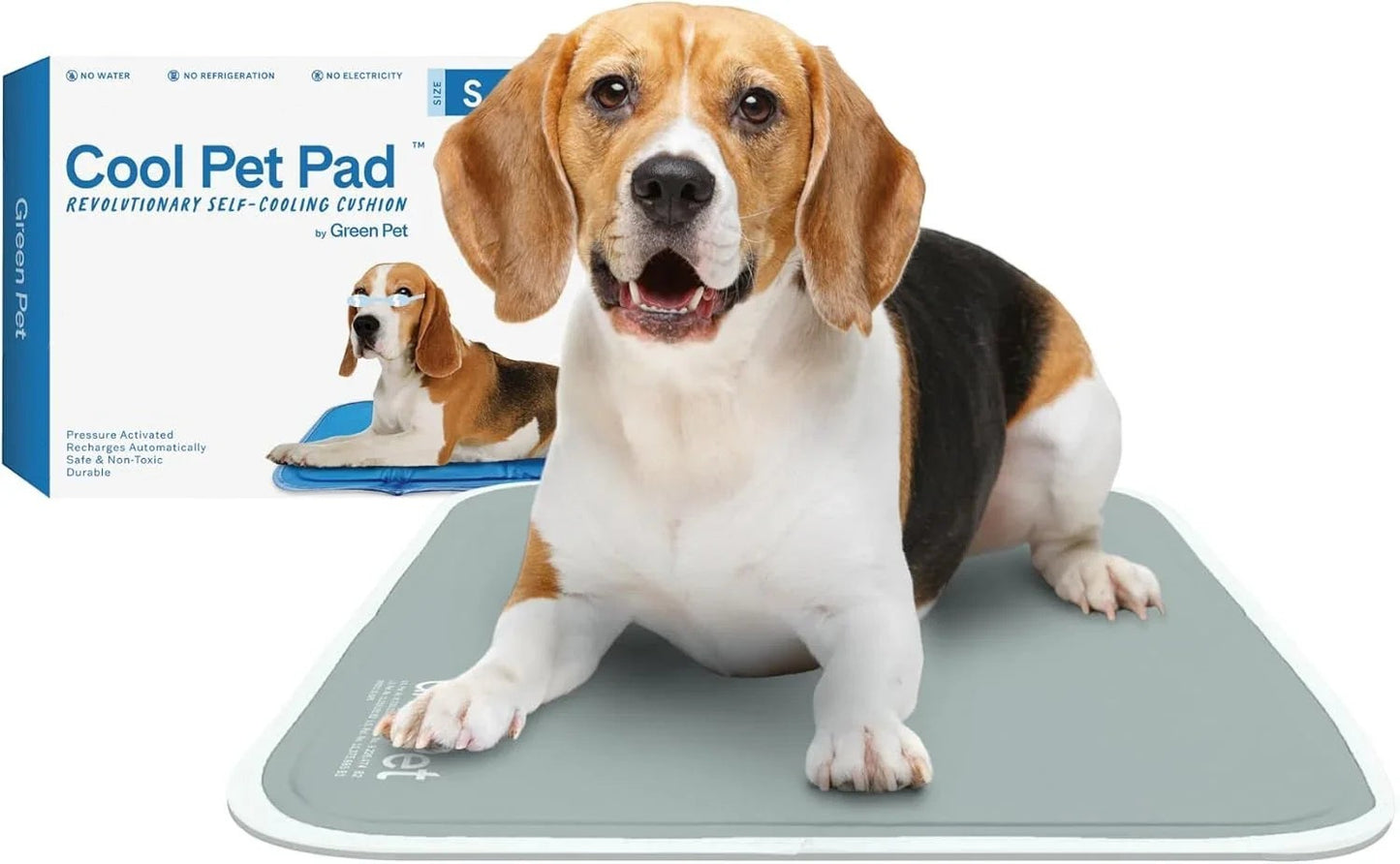 Essential Selects blue self-cooling gel pet pad with a beagle resting on it, featuring pressure-activated technology.