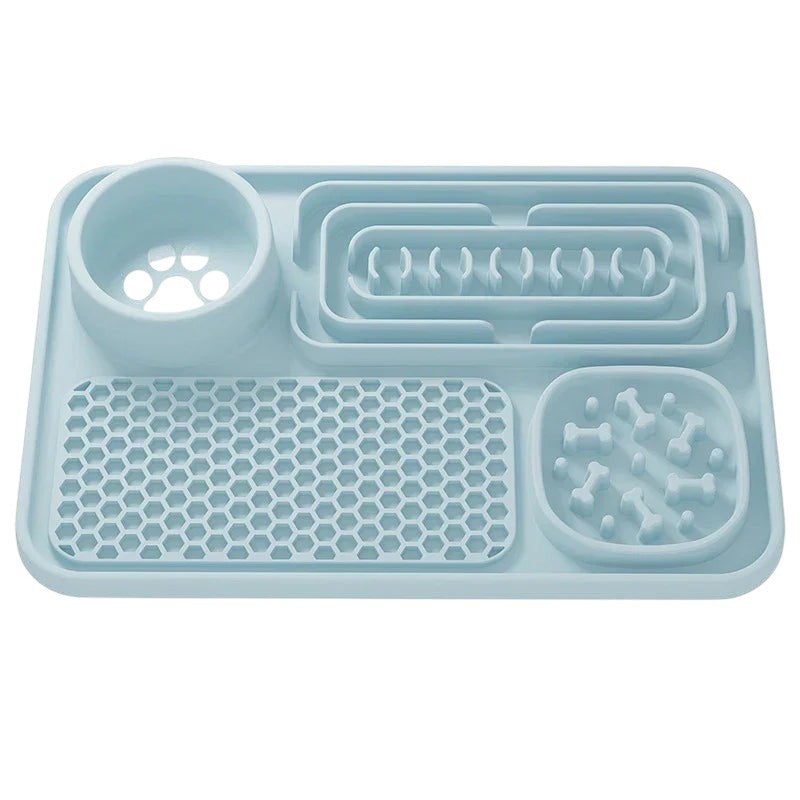Essential Selects blue silicone slow feeder pet placemat with multiple textured sections for healthy dog eating