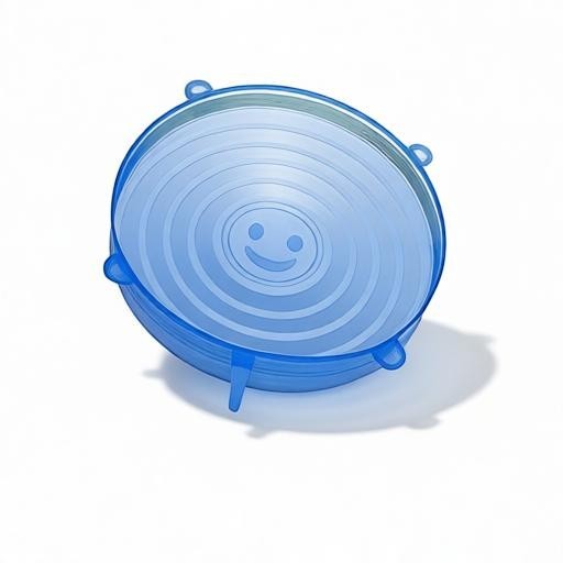 Essential Selects blue round silicone stretch lid with a smiley face design for airtight food container sealing