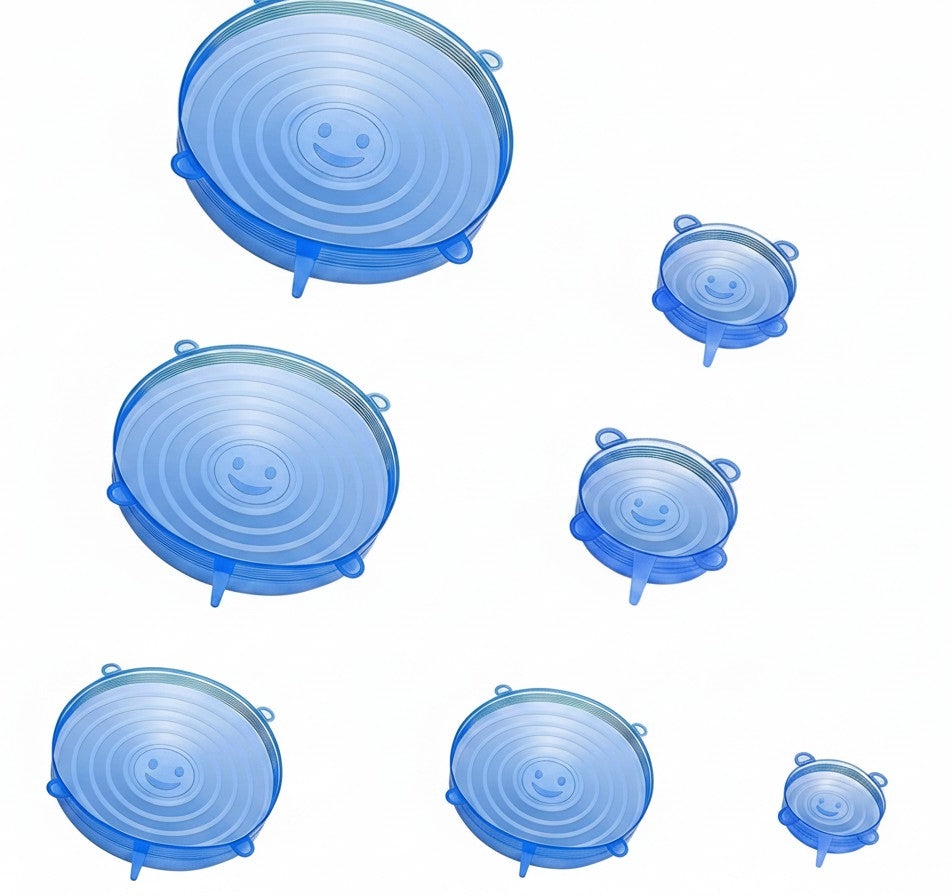 Essential Selects 14-piece blue silicone stretch lids with smiley face design for airtight food container storage