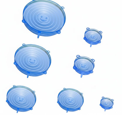 Essential Selects 14-piece blue silicone stretch lids with smiley face design for airtight food container storage