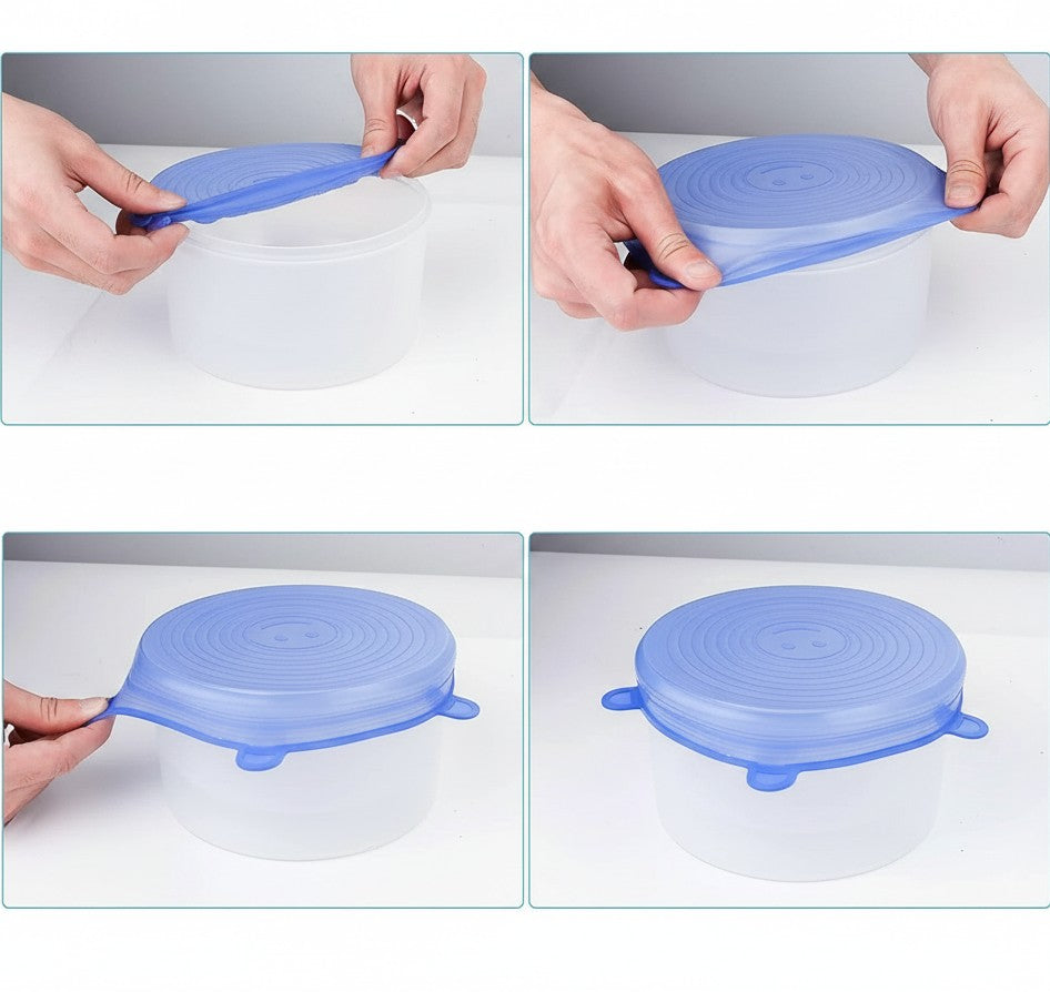 Essential Selects blue silicone stretch lids being applied to a round container for an airtight food storage seal.