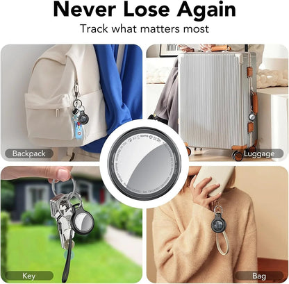 Essential Selects 4-pack Bluetooth item trackers attached to a backpack, luggage, keys, and a bag for easy tracking.
