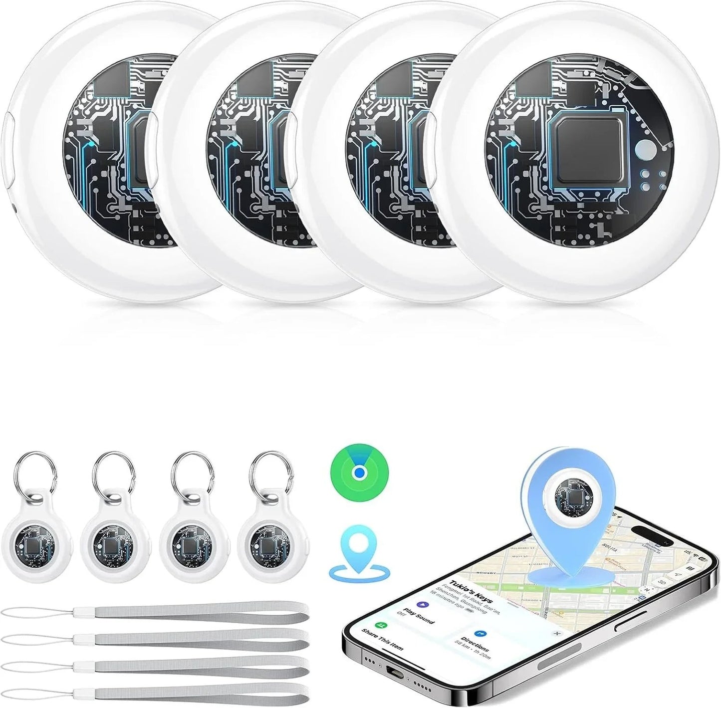 Essential Selects 4-pack Bluetooth item trackers with white polycarbonate casing, keychains, and smartphone app display.
