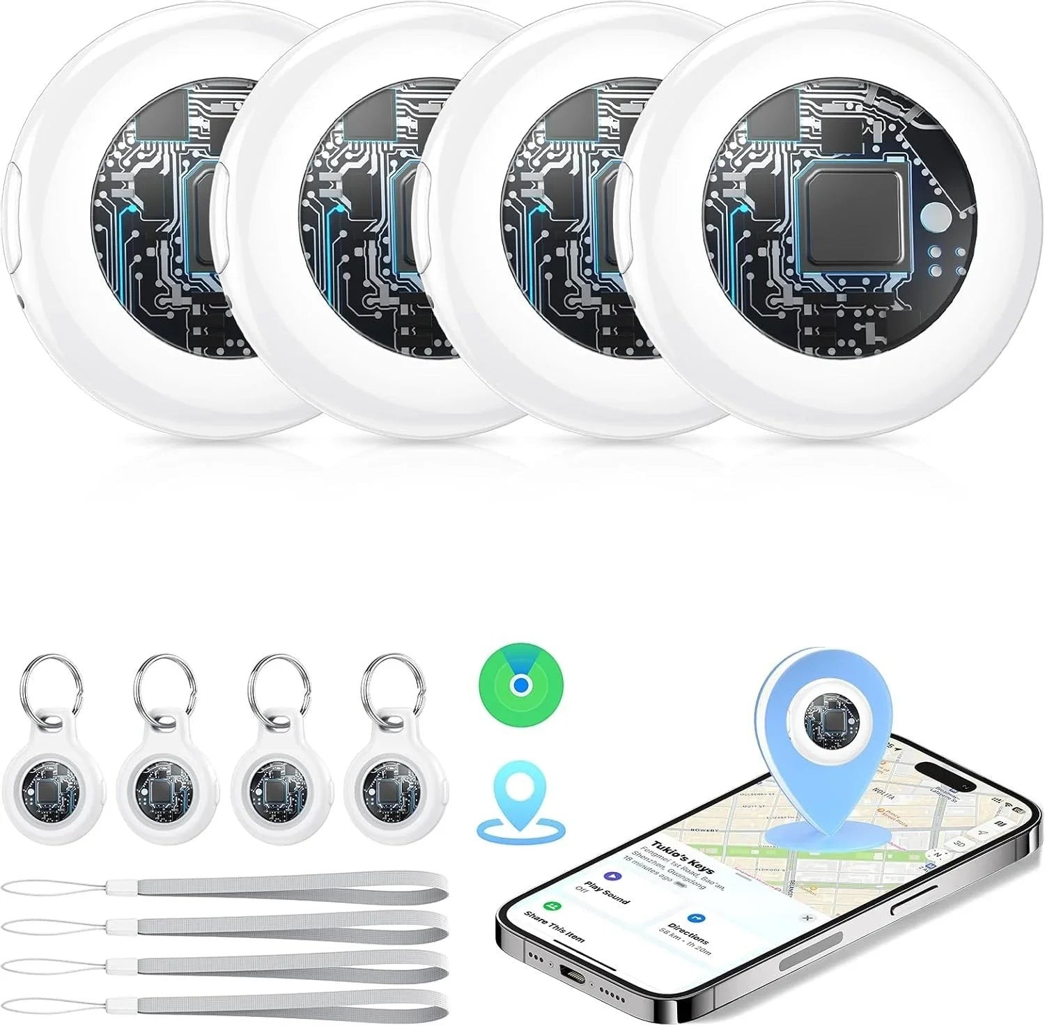 Essential Selects 4-pack Bluetooth item trackers with white polycarbonate casing, keychains, and smartphone app display.
