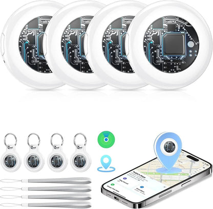 Essential Selects 4-pack Bluetooth item trackers with white polycarbonate casing, keychains, and smartphone app display.