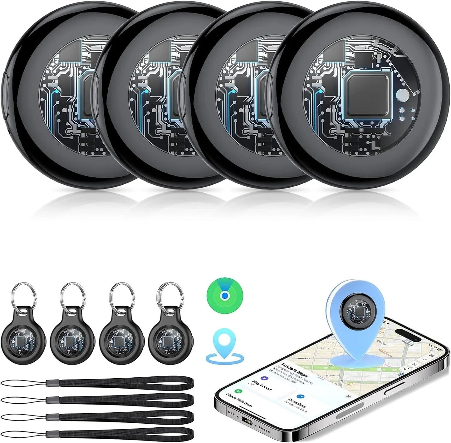 Essential Selects 4-pack Bluetooth item trackers with circuit board design, key rings, and smartphone app integration.