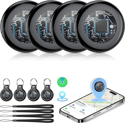 Essential Selects 4-pack Bluetooth item trackers with circuit board design, key rings, and smartphone app integration.