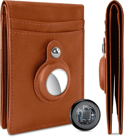 Essential Selects Bluetooth item tracker in a brown leather wallet with a side view and a circular electronic tag.