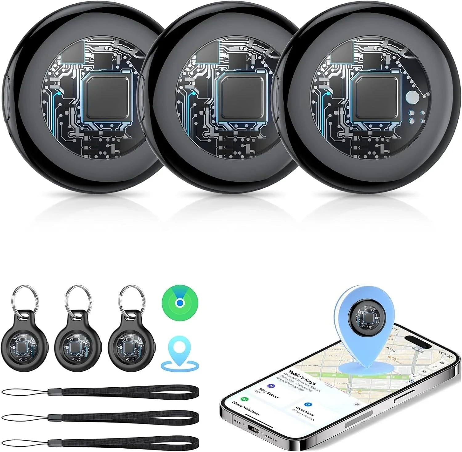 Essential Selects 4-pack Bluetooth item trackers with circuit board design, key rings, lanyards, and iPhone app view.