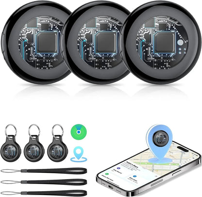 Essential Selects 4-pack Bluetooth item trackers with circuit board design, key rings, lanyards, and iPhone app view.
