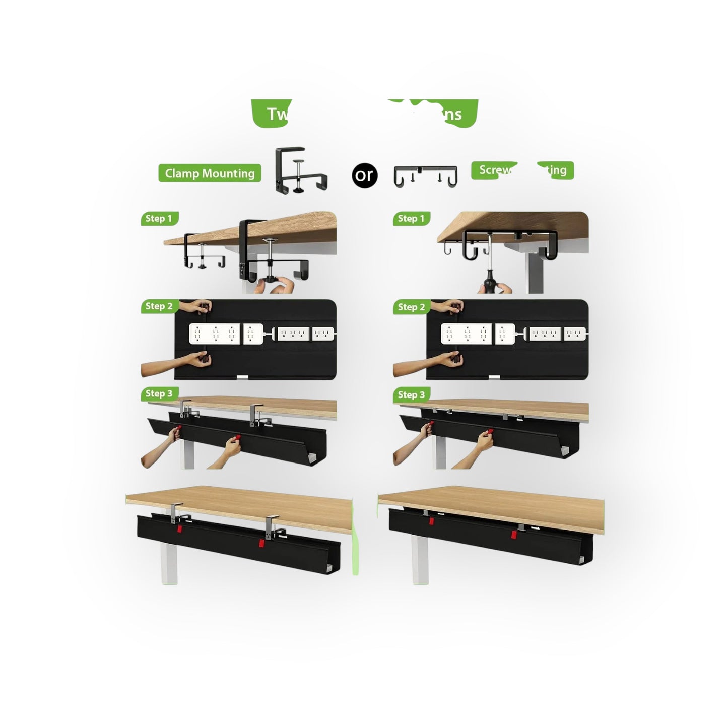 Essential Selects KEEGH 48-inch black fabric under desk cable management tray showing clamp and screw installation steps
