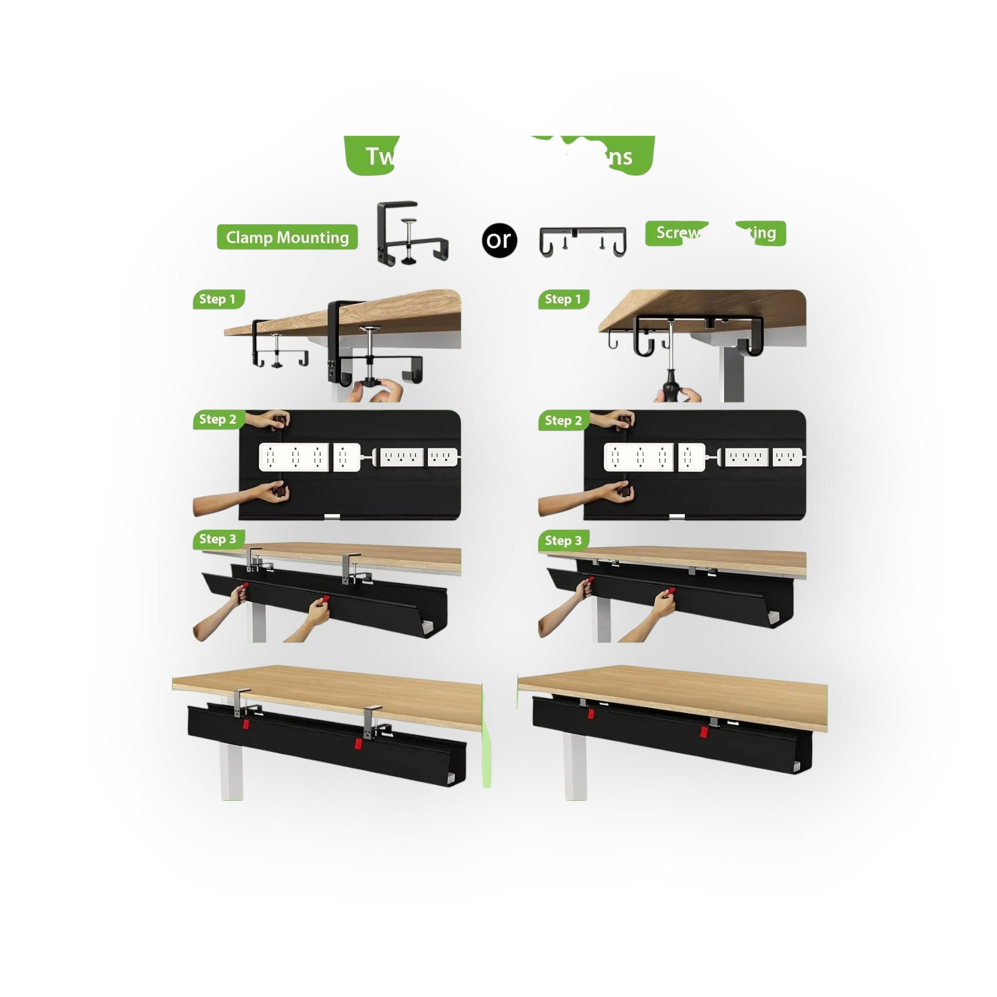 Essential Selects KEEGH 48-inch black fabric under desk cable management tray showing clamp and screw installation steps