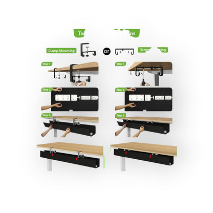 Essential Selects KEEGH 48-inch black fabric under desk cable management tray showing clamp and screw installation steps
