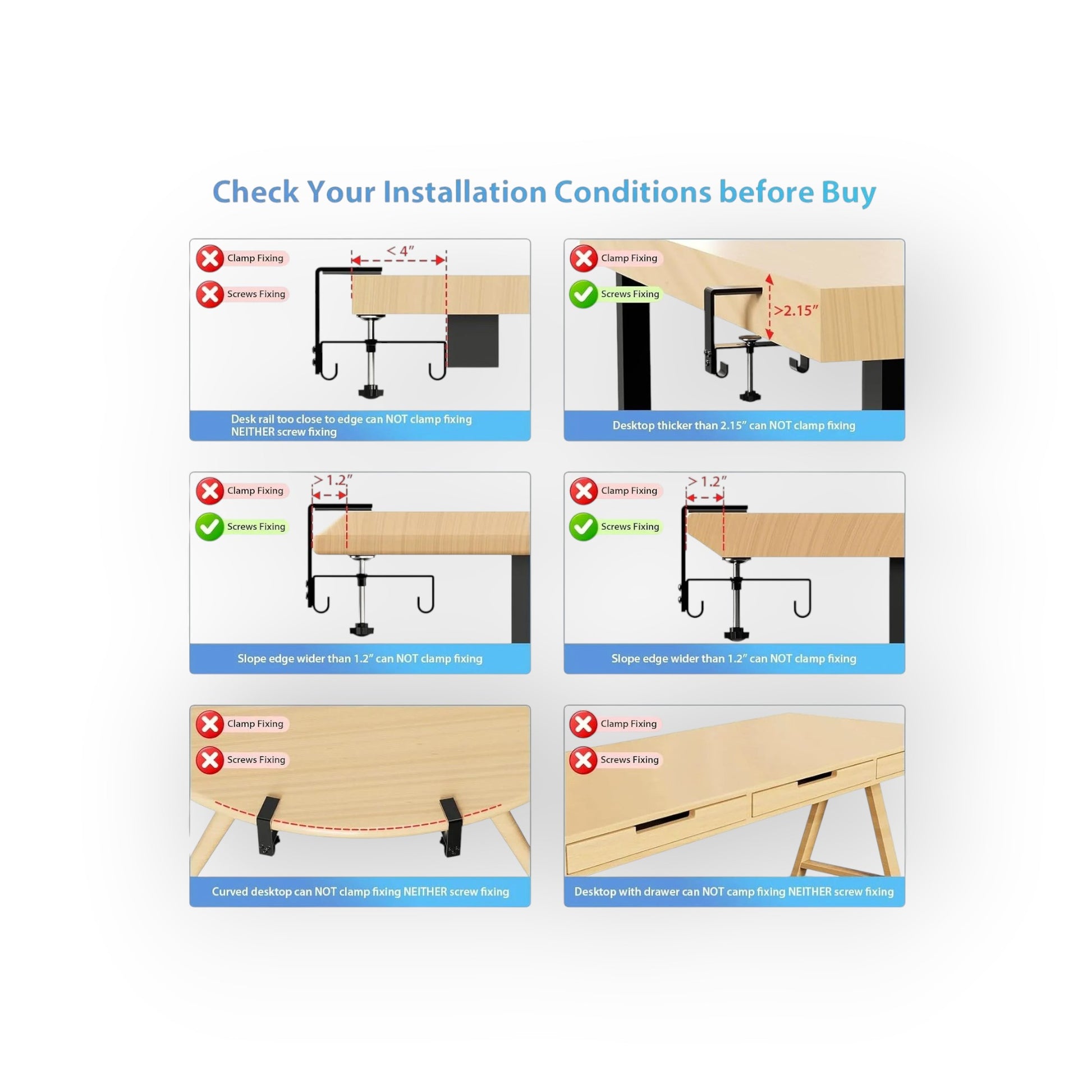 Essential Selects KEEGH cable tray installation guide showing compatible and incompatible desk edge configurations.