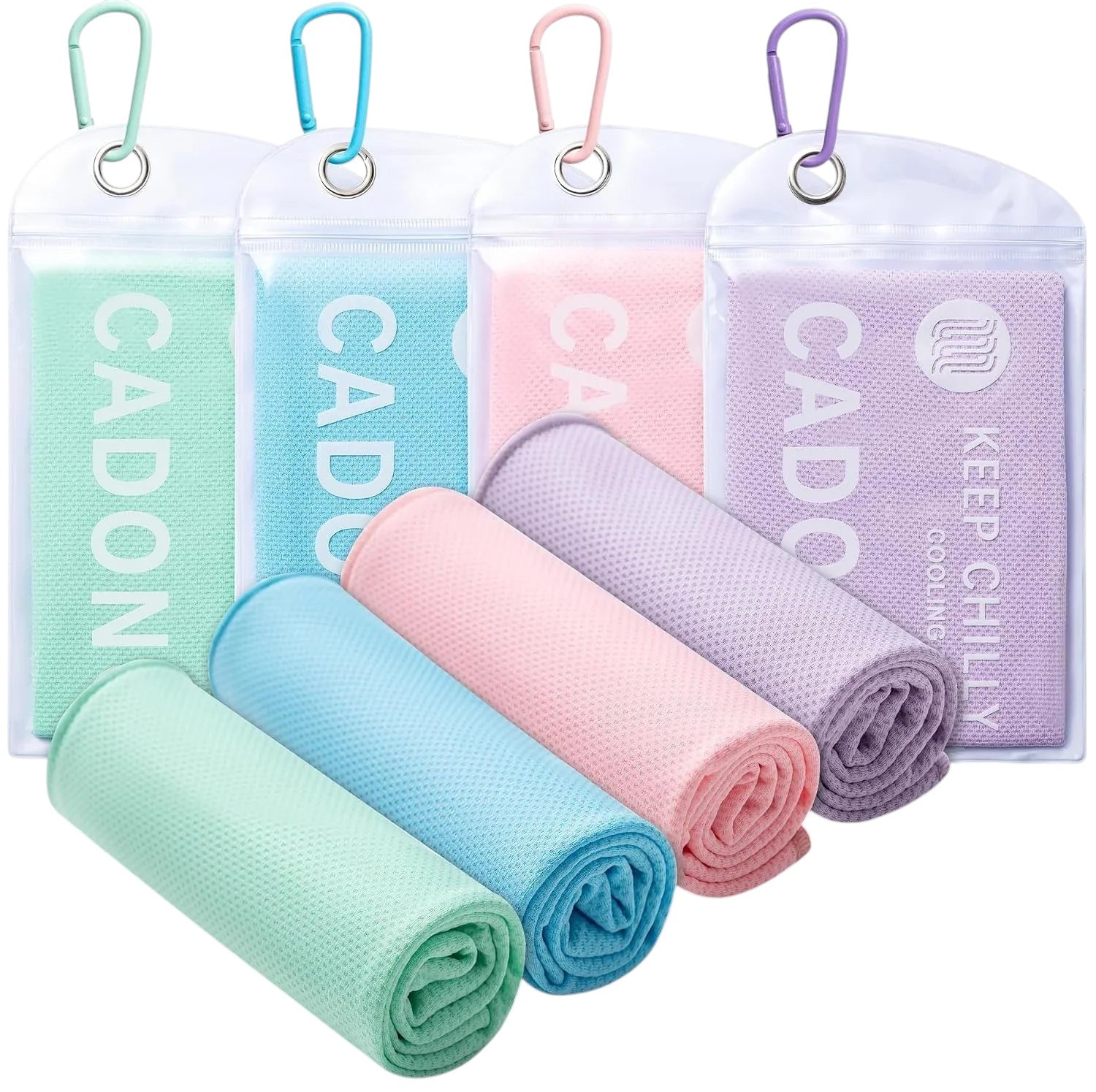 Essential Selects CADONO 4-pack microfiber cooling towels in green, blue, pink, and purple with waterproof carry pouches.