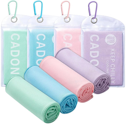 Essential Selects CADONO 4-pack microfiber cooling towels in green, blue, pink, and purple with waterproof carry pouches.