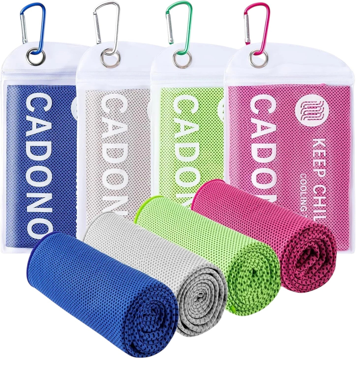 Essential Selects 4-pack of CADONO microfiber cooling towels in blue, grey, green, and pink with carry pouches