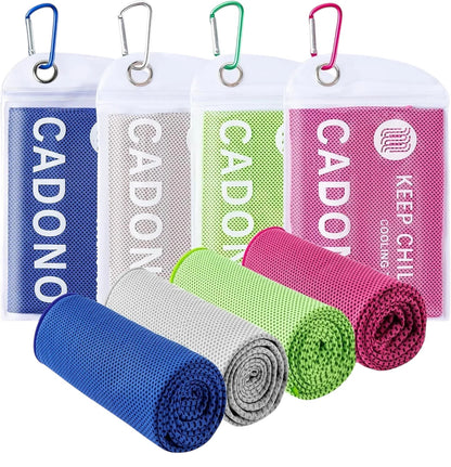 Essential Selects 4-pack of CADONO microfiber cooling towels in blue, grey, green, and pink with carry pouches