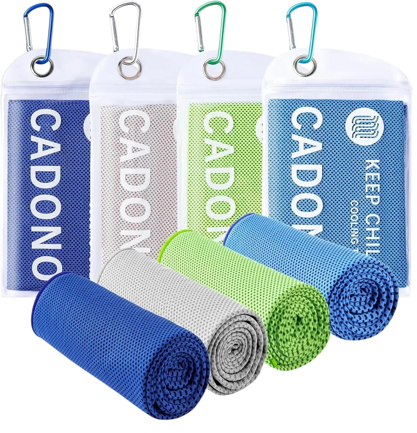 Essential Selects 4-pack of CADONO microfiber cooling towels in blue, grey, and green with waterproof carry pouches.