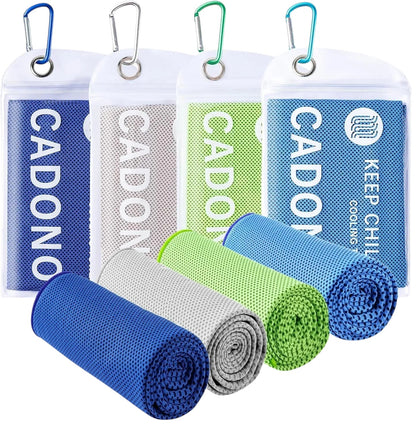 Essential Selects 4-pack of CADONO microfiber cooling towels in blue, grey, and green with waterproof carry pouches.