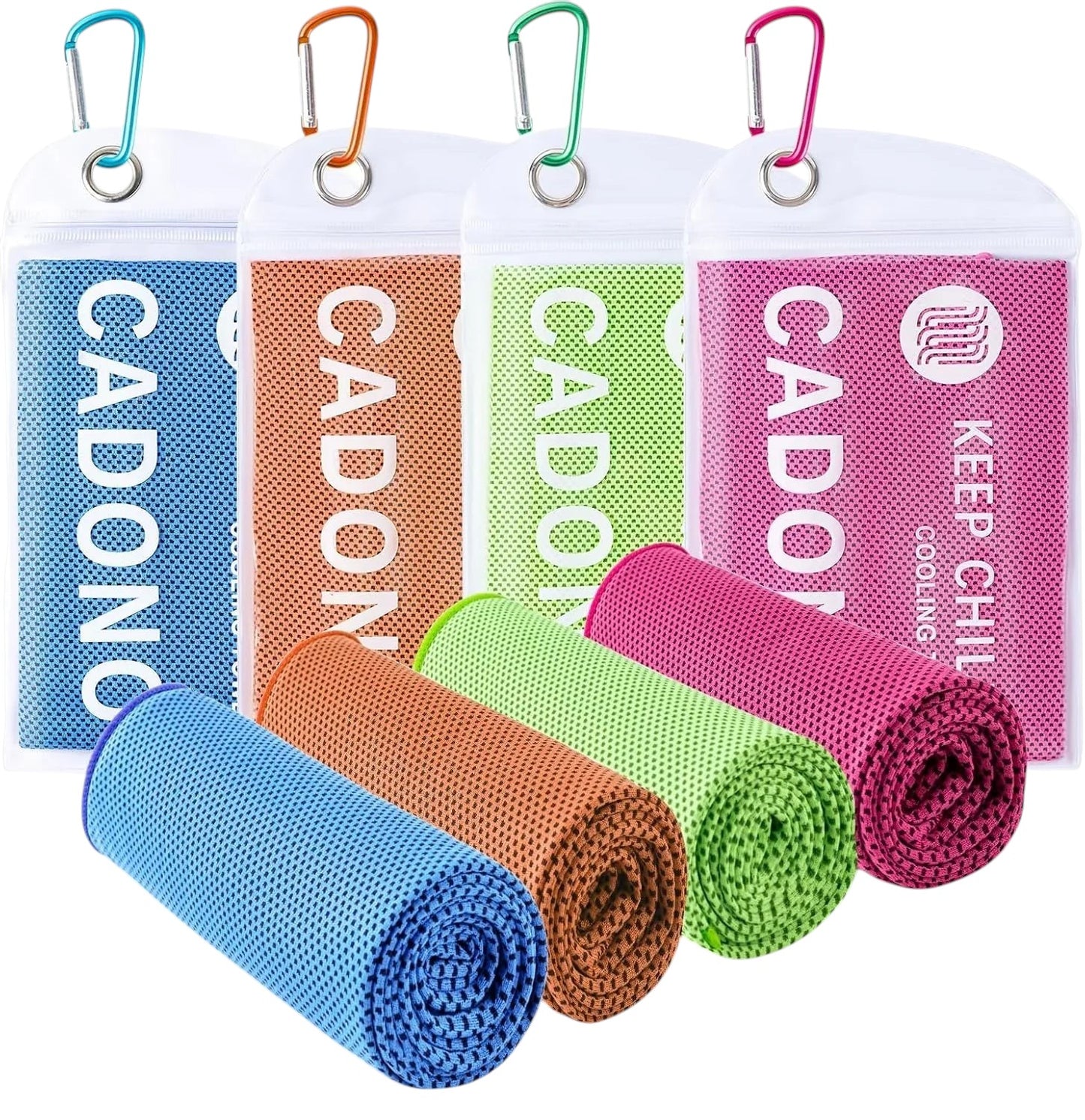 Essential Selects 4-pack of CADONO microfiber cooling towels in blue, orange, green, and pink with carry pouches.