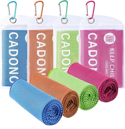 Essential Selects 4-pack of CADONO microfiber cooling towels in blue, orange, green, and pink with carry pouches.