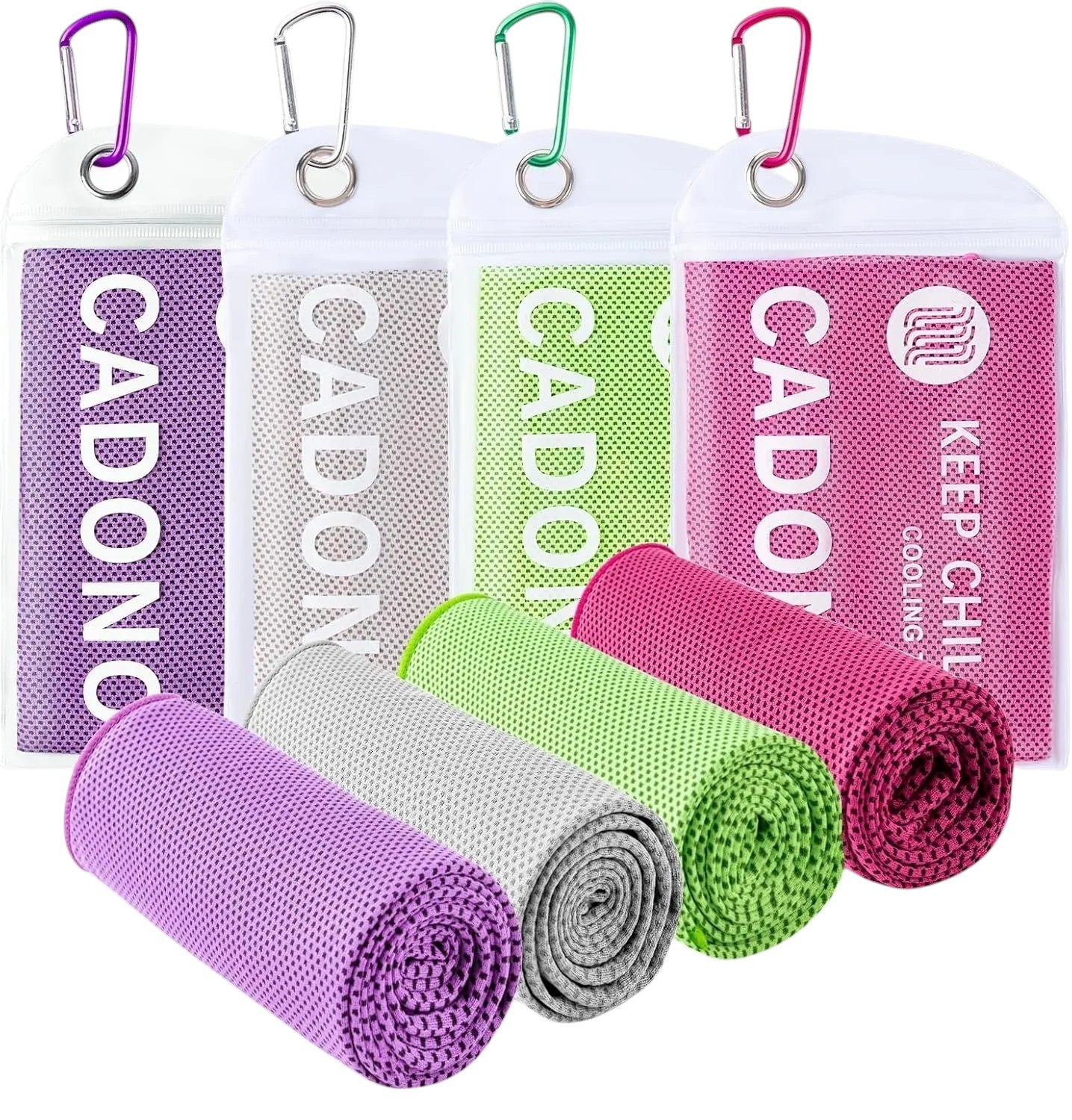 Essential Selects CADONO 4-pack microfiber cooling towels in purple, grey, green, and pink with carry pouches.