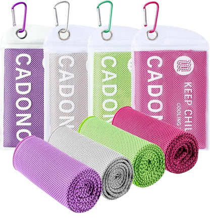 Essential Selects CADONO 4-pack microfiber cooling towels in purple, grey, green, and pink with carry pouches.