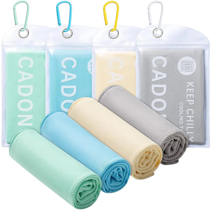 Essential Selects 4-pack of CADONO microfiber cooling towels in green, blue, yellow, and grey with carry pouches.