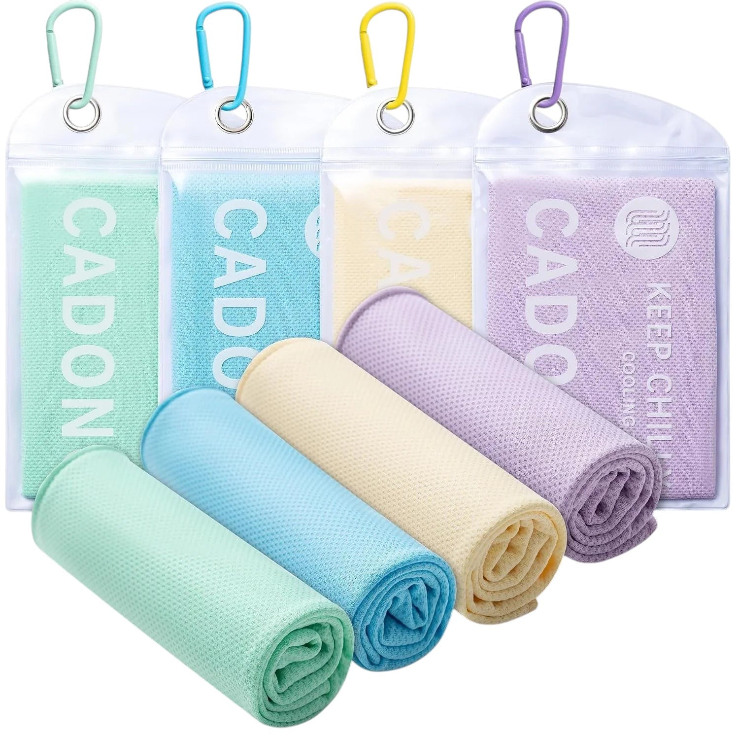 Essential Selects CADONO 4-pack microfiber cooling towels in green, blue, yellow, and purple with carry pouches.