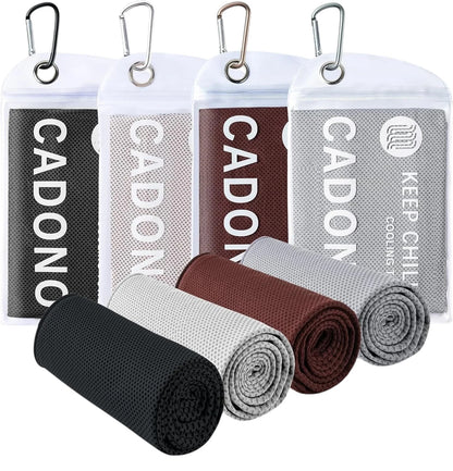 Essential Selects CADONO 4-pack microfiber cooling towels in black, white, brown, and grey with carry pouches.