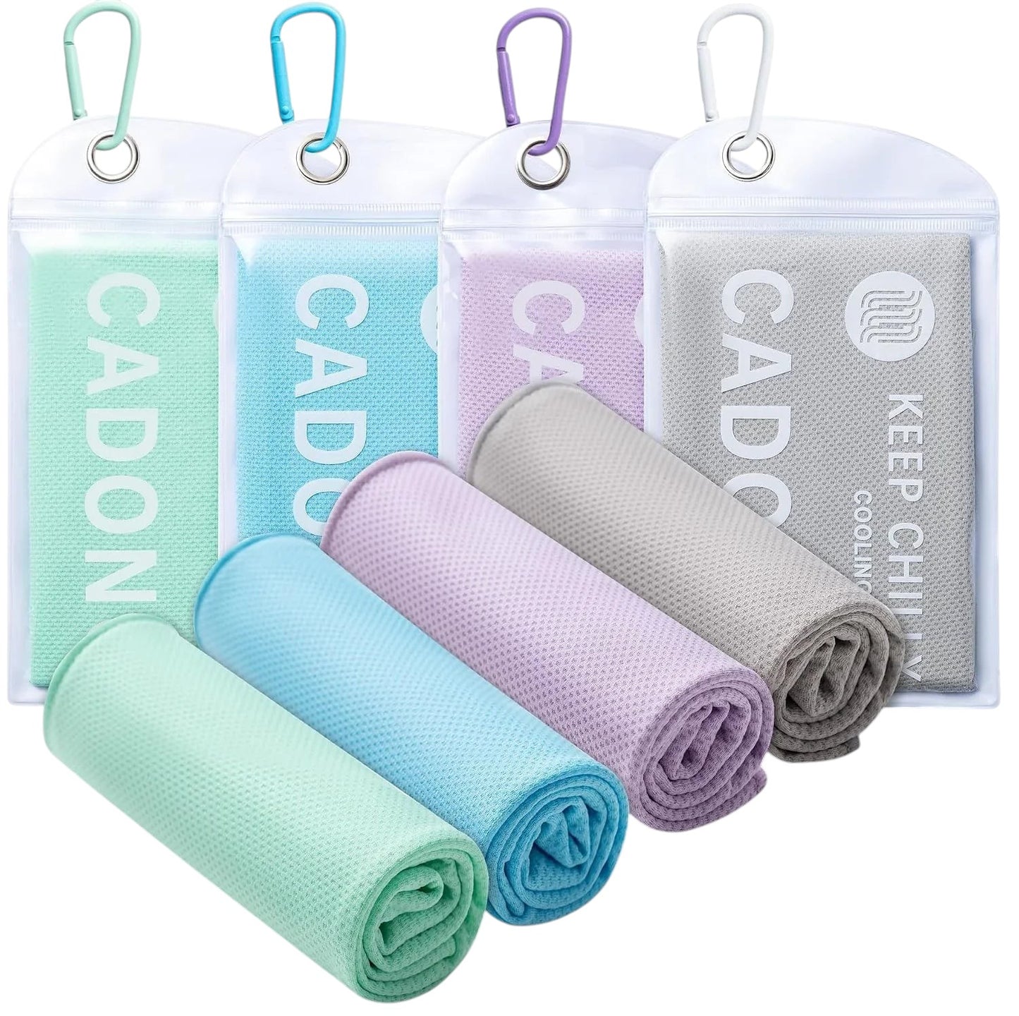 Essential Selects 4-pack of CADONO microfiber cooling towels in green, blue, purple, and grey with carry pouches.