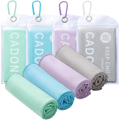 Essential Selects 4-pack of CADONO microfiber cooling towels in green, blue, purple, and grey with carry pouches.