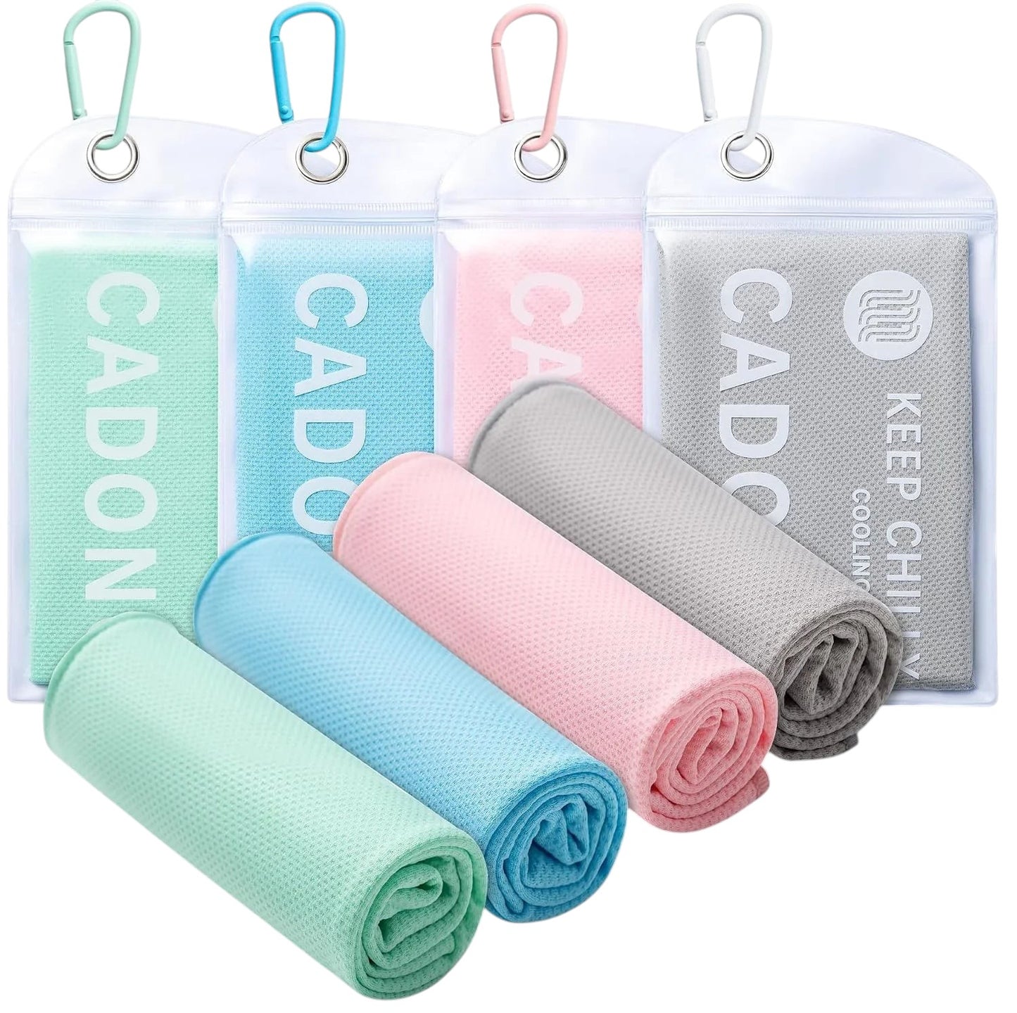 Essential Selects CADONO 4-pack microfiber cooling towels in light blue, green, pink, and grey with carry pouches.