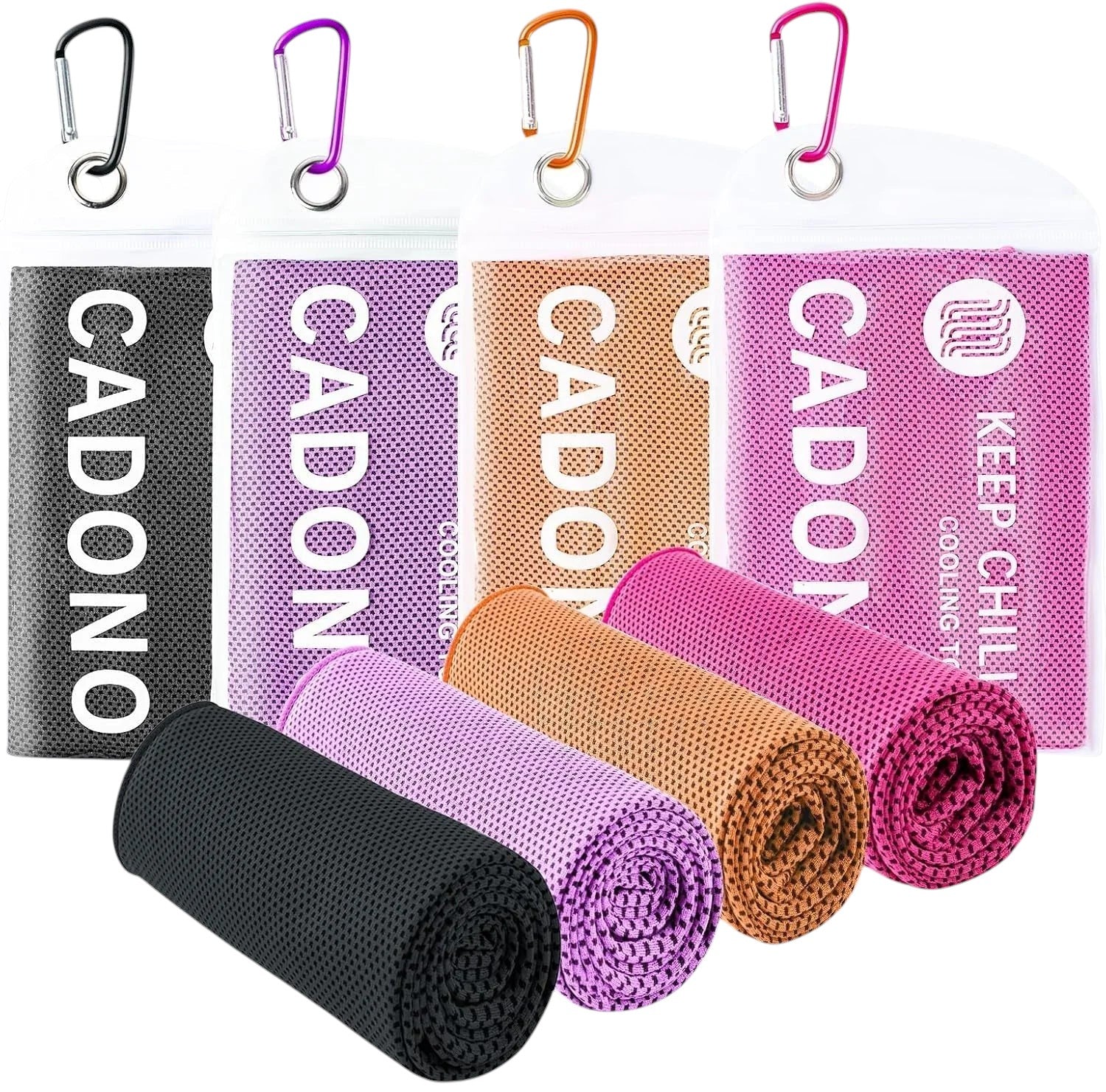 Essential Selects CADONO 4-pack microfiber cooling towels in black, purple, orange, and pink with carry pouches.
