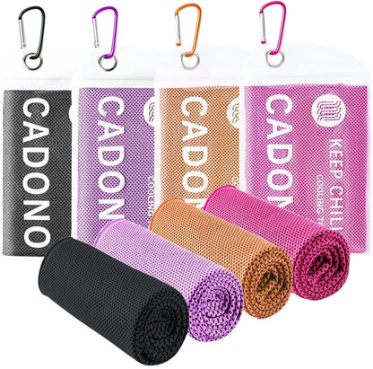 Essential Selects CADONO 4-pack microfiber cooling towels in black, purple, orange, and pink with carry pouches.