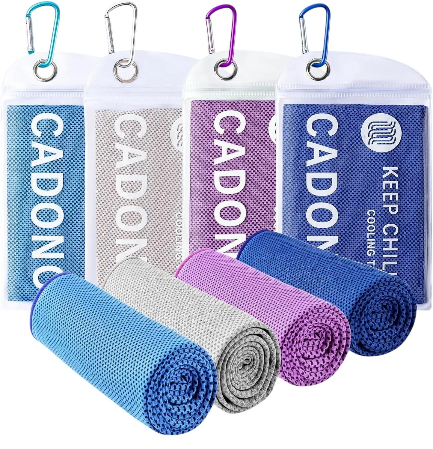 Essential Selects 4-pack of CADONO microfiber cooling towels in blue, grey, and purple with waterproof carry pouches.
