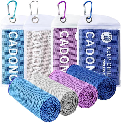 Essential Selects 4-pack of CADONO microfiber cooling towels in blue, grey, and purple with waterproof carry pouches.