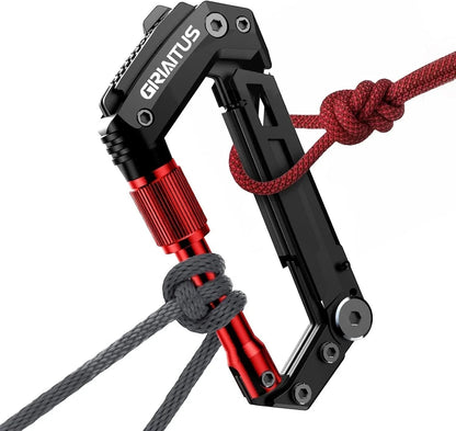 Essential Selects GIRIAITUS 8-in-1 carabiner multitool in black and red with ropes attached for camping and hiking