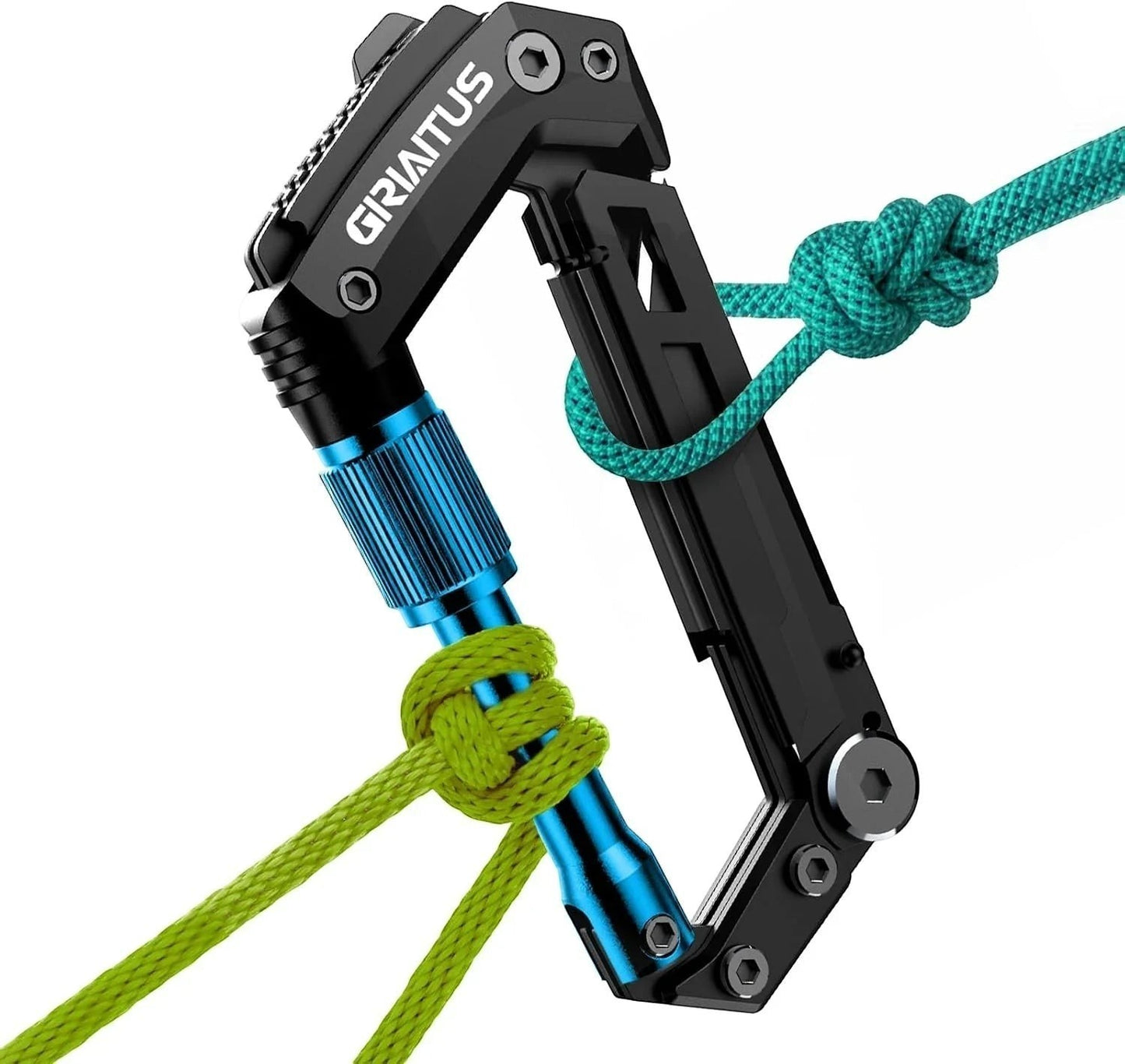 Essential Selects GIRIAITUS 8-in-1 grey and blue carabiner multitool with rope attached for camping and hiking.
