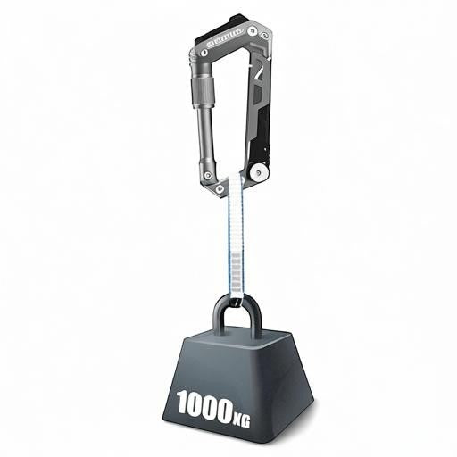 Essential Selects GIRIAITUS 8-in-1 grey aluminum and steel carabiner multitool attached to a 1000kg weight