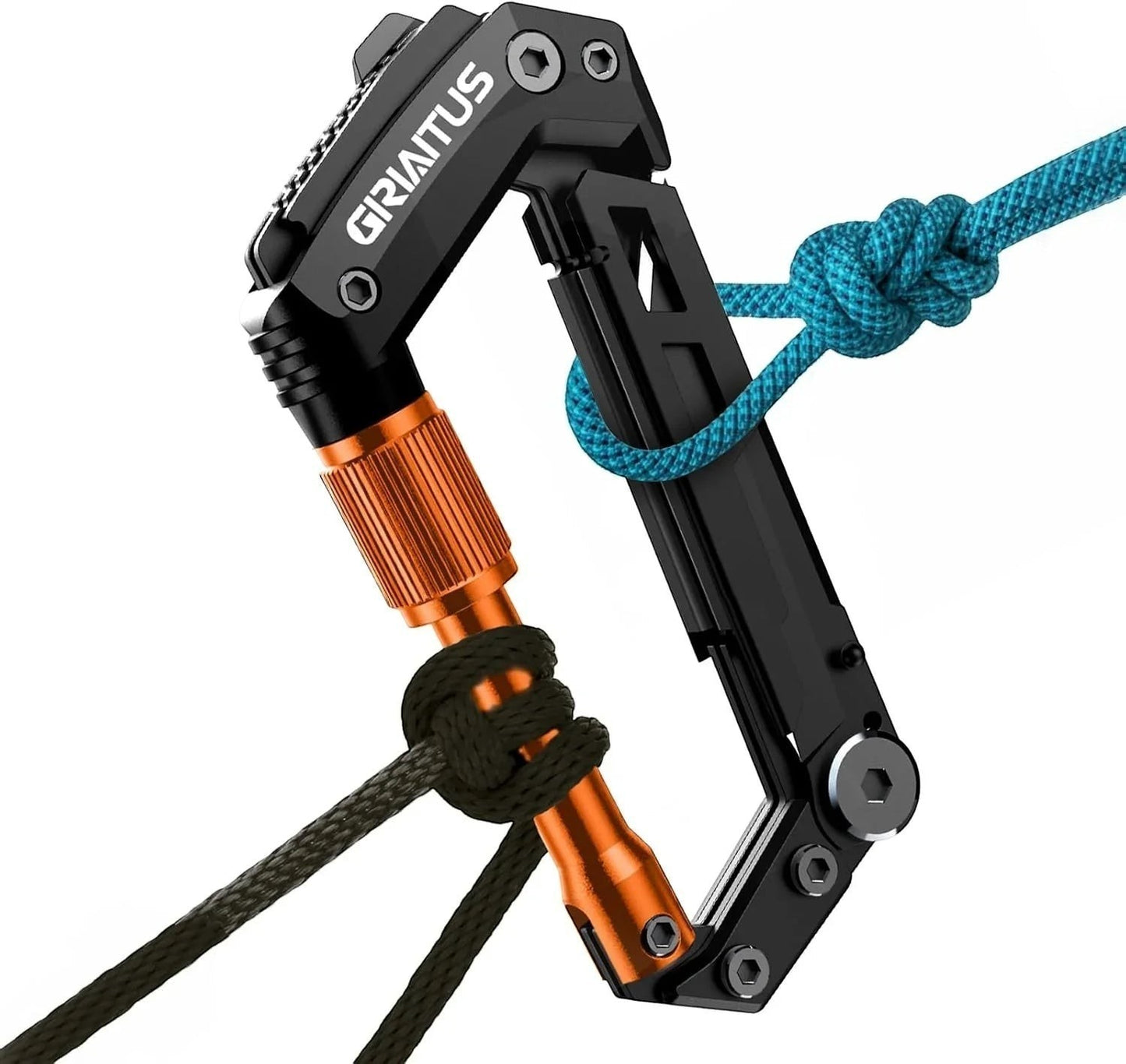 Essential Selects GIRIAITUS 8-in-1 grey aluminum and steel carabiner multitool with rope attached