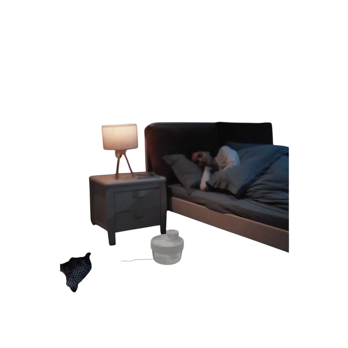 Essential Selects Charkool white rechargeable cat water fountain on a bedroom floor near a sleeping person