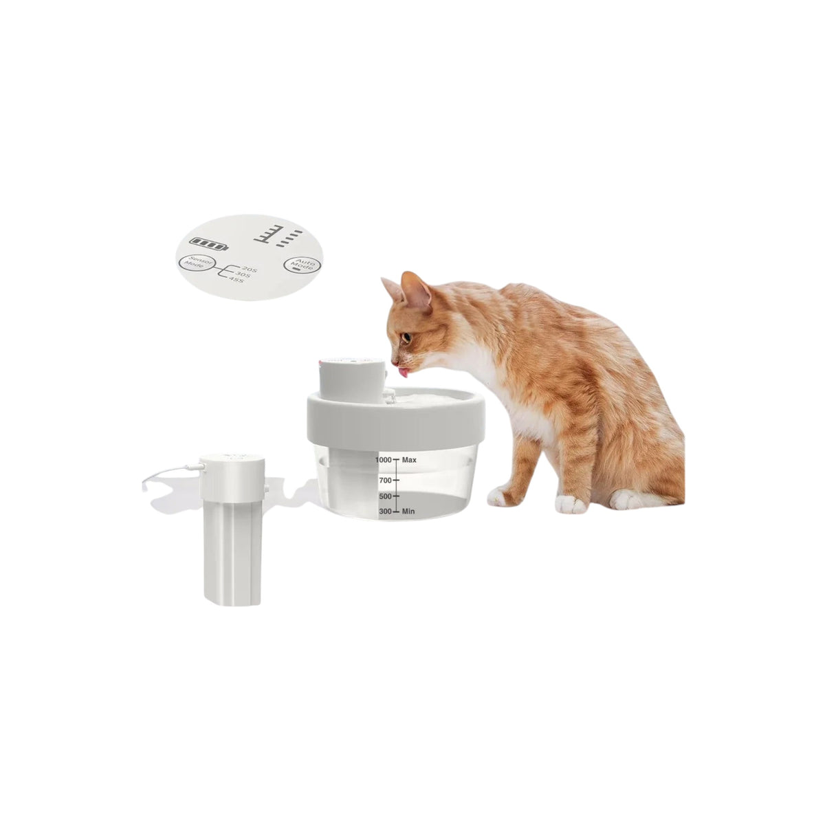 Essential Selects Charkool rechargeable white cat water fountain with a ginger cat drinking from the 1L tank