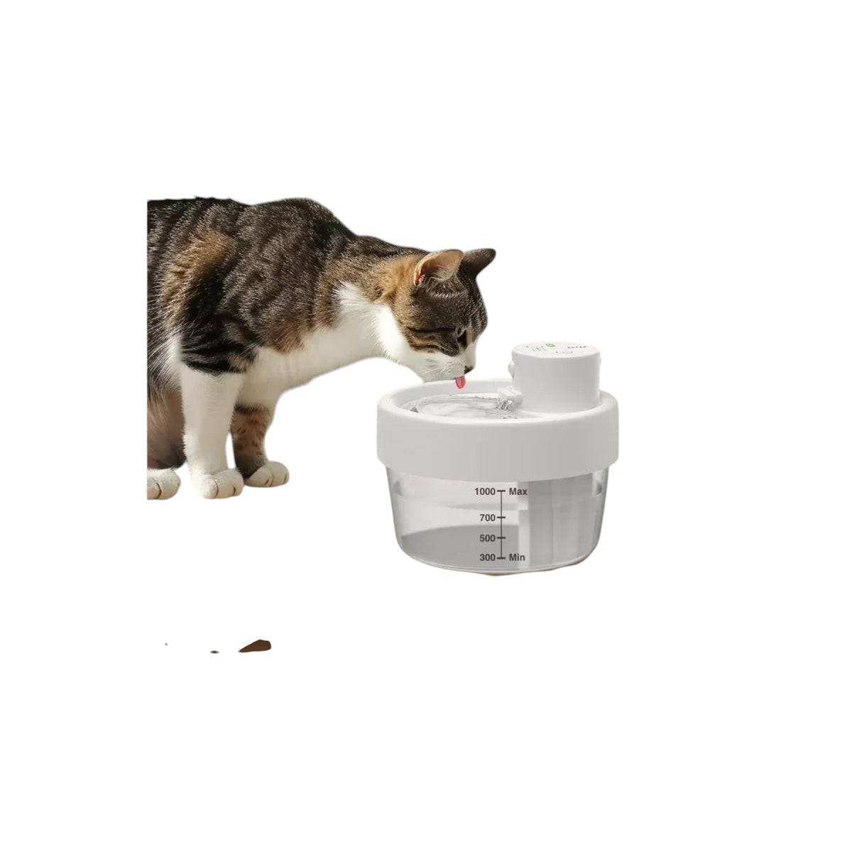 Essential Selects Charkool white rechargeable cat water fountain with a 1L tank and cat drinking from it