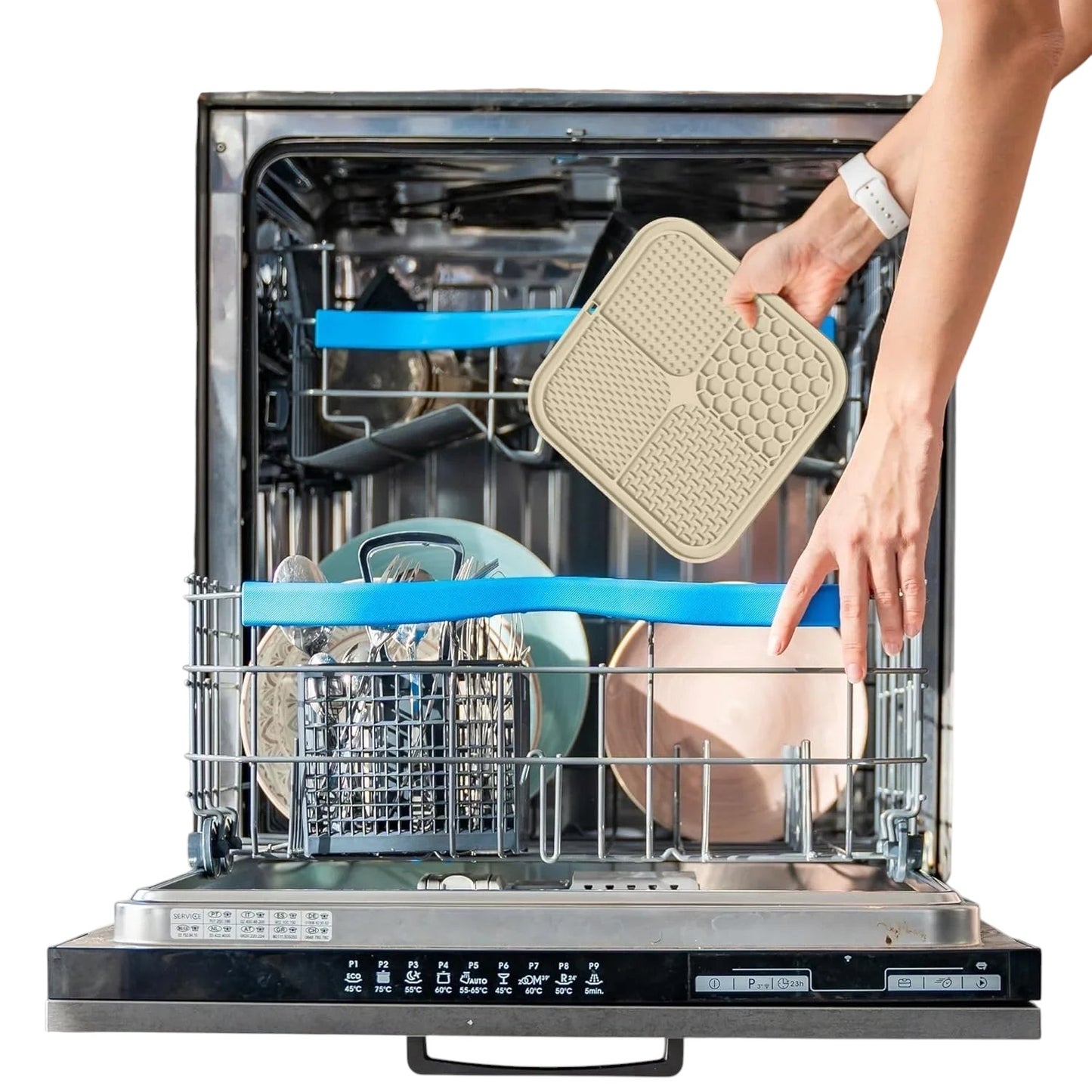 Essential Selects ChefAide beige silicone lick mat being placed into a dishwasher for easy cleaning