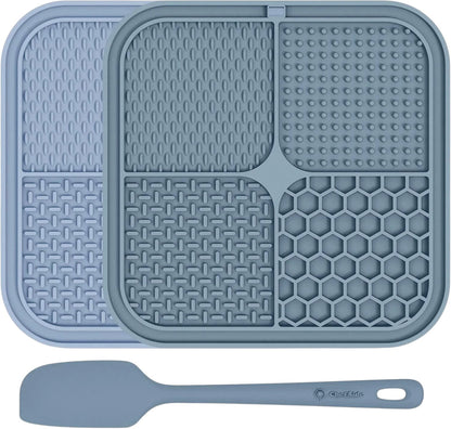 Essential Selects ChefAide silicone lick mats for dogs and cats in gray and beige with a matching spreading spatula