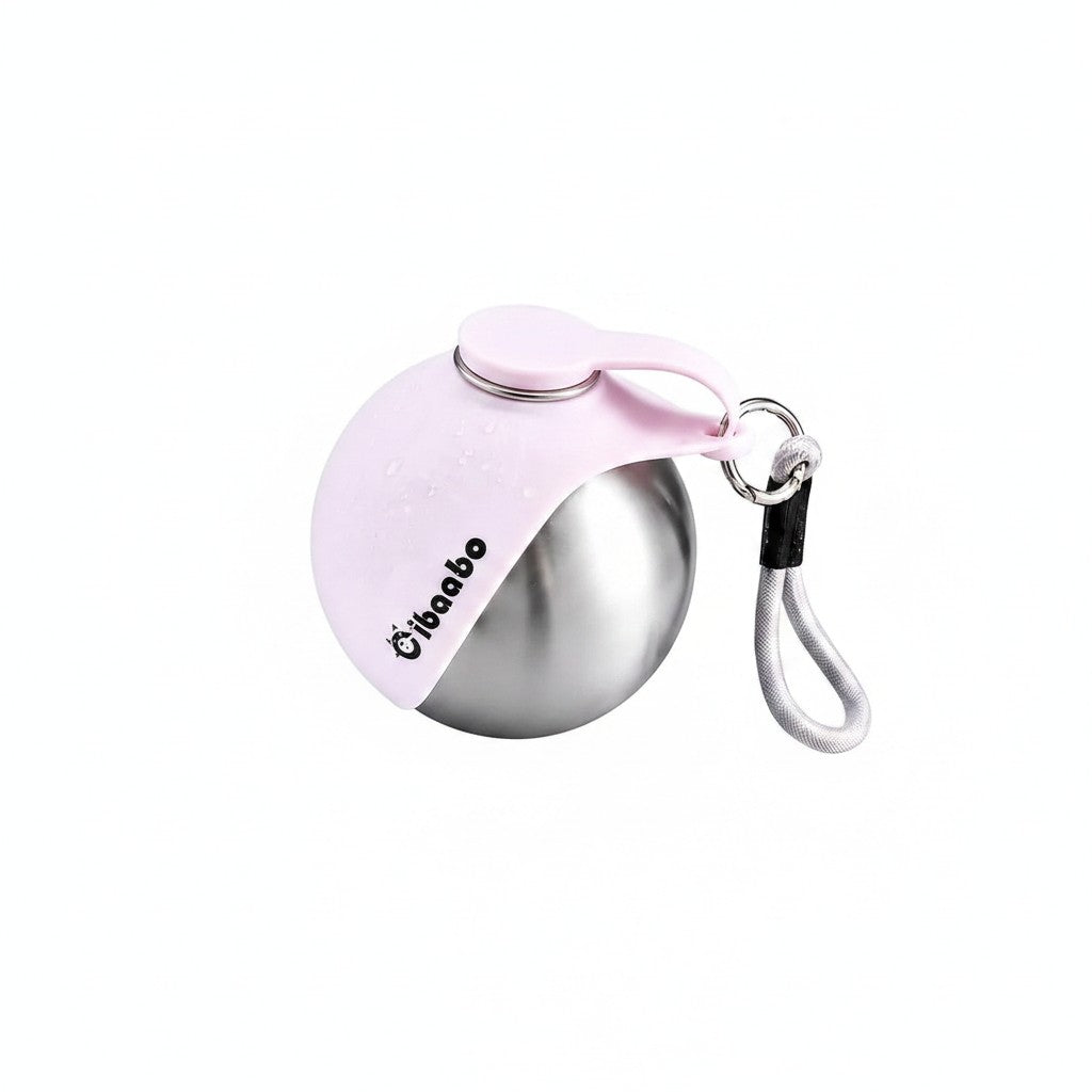 Essential Selects Cibaabo light pink stainless steel portable dog water bottle with collapsible silicone bowl and strap