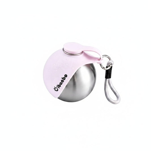 Essential Selects Cibaabo light pink stainless steel portable dog water bottle with collapsible silicone bowl and strap